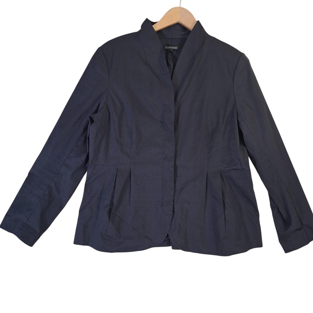 Eileen Fisher Jacket Womens‎ Large Dark Navy Blue Rami Silk Zip Italian Fabric